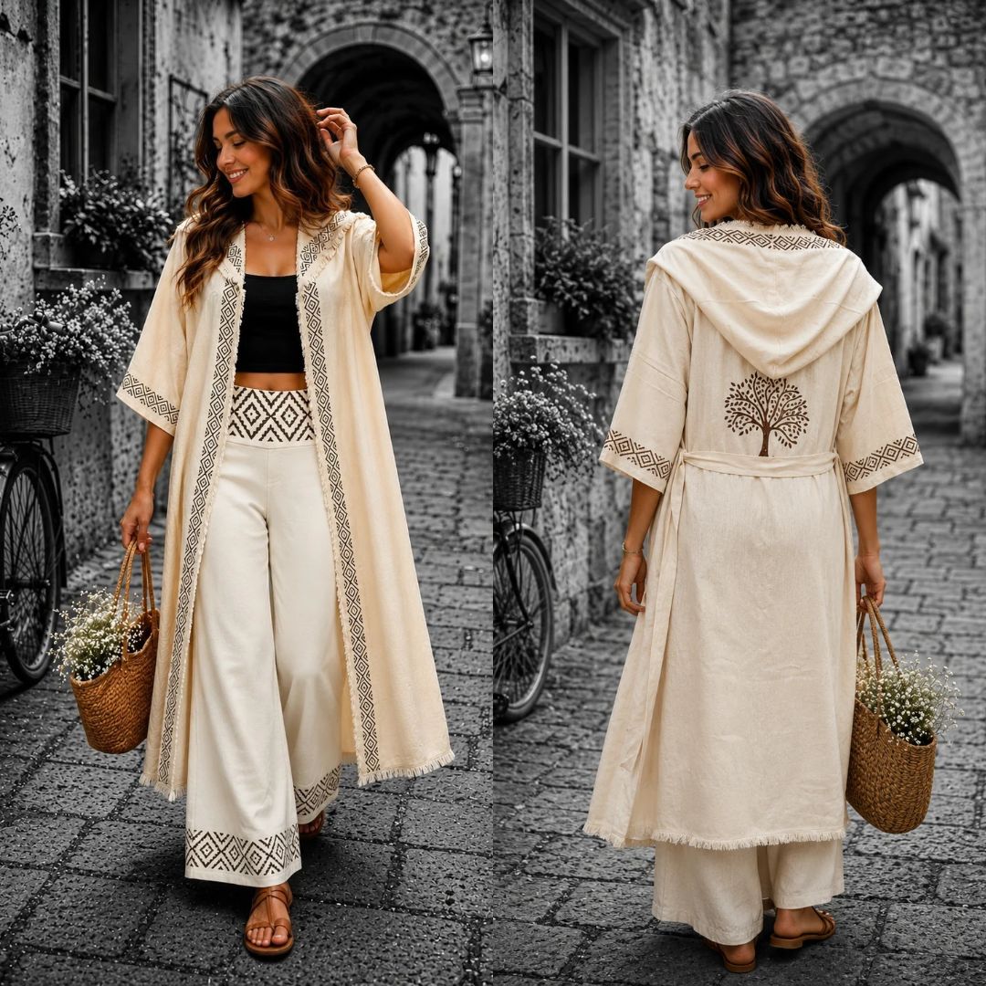 Jute Cotton Cardigan with Hoodie & Block Printing
