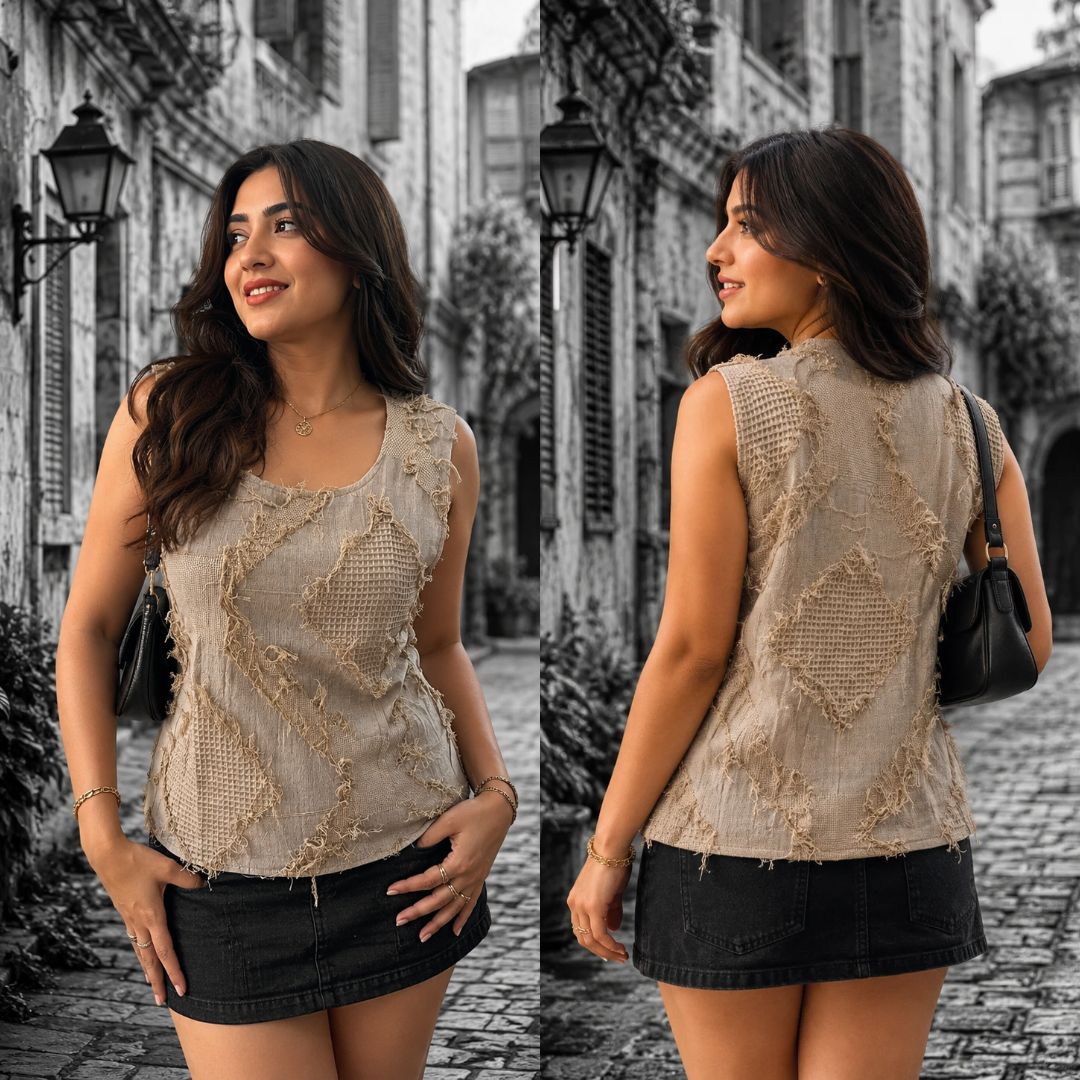 Cotton Tank Top with Fringes