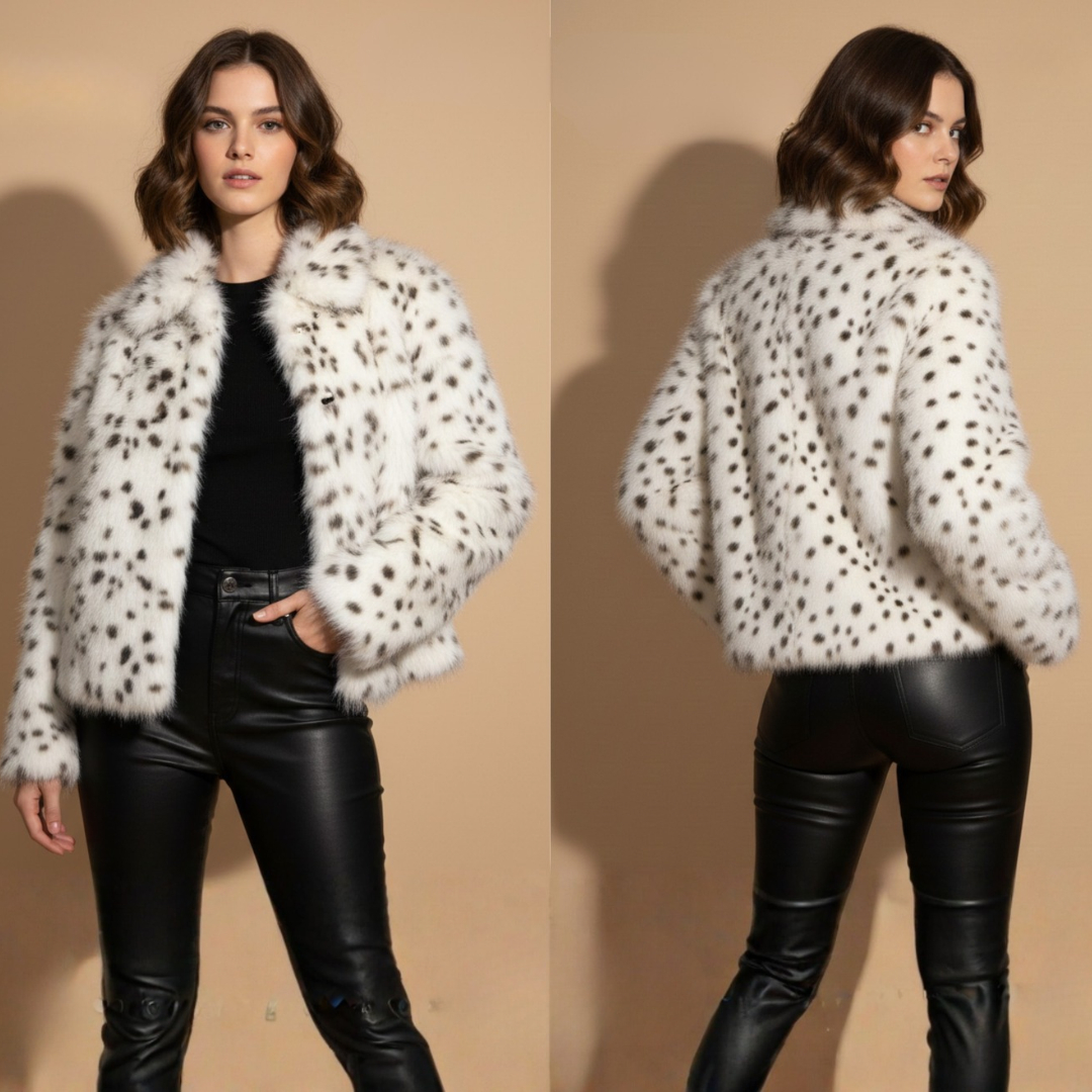 Women's White & Black Spotted Faux Fur Jacket
