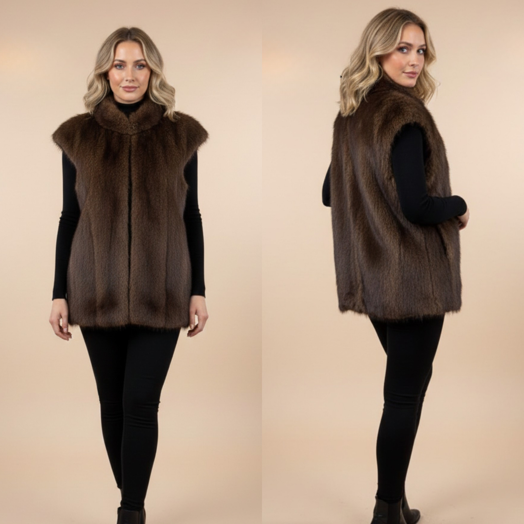 Women's Brown Faux Fur Sleeveless Jacket