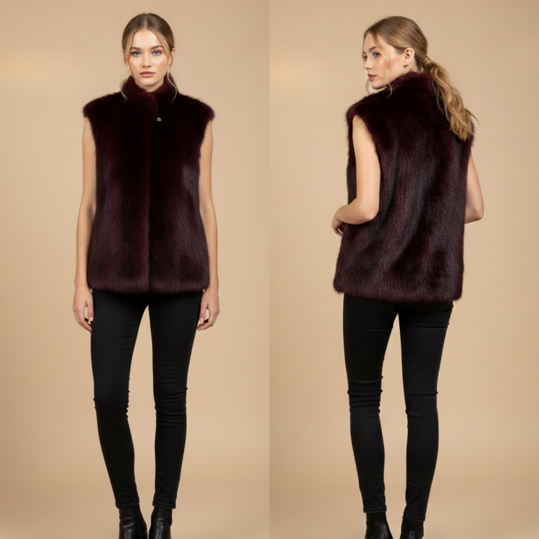 Women's Burgundy Faux Fur Sleeveless Jacket