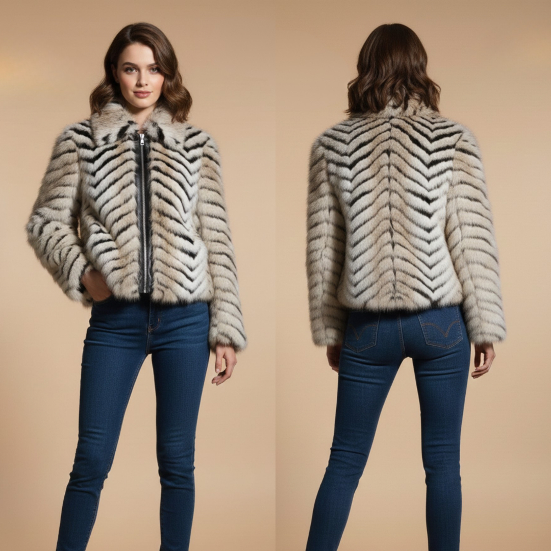 Women's Grey & Black Chevron Pattern Faux Fur Jacket