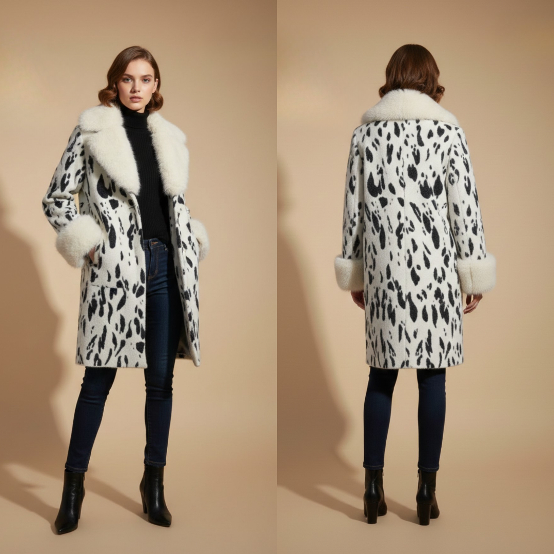 Women's Black & White Cow Print Long Coat with Faux Fur Trim