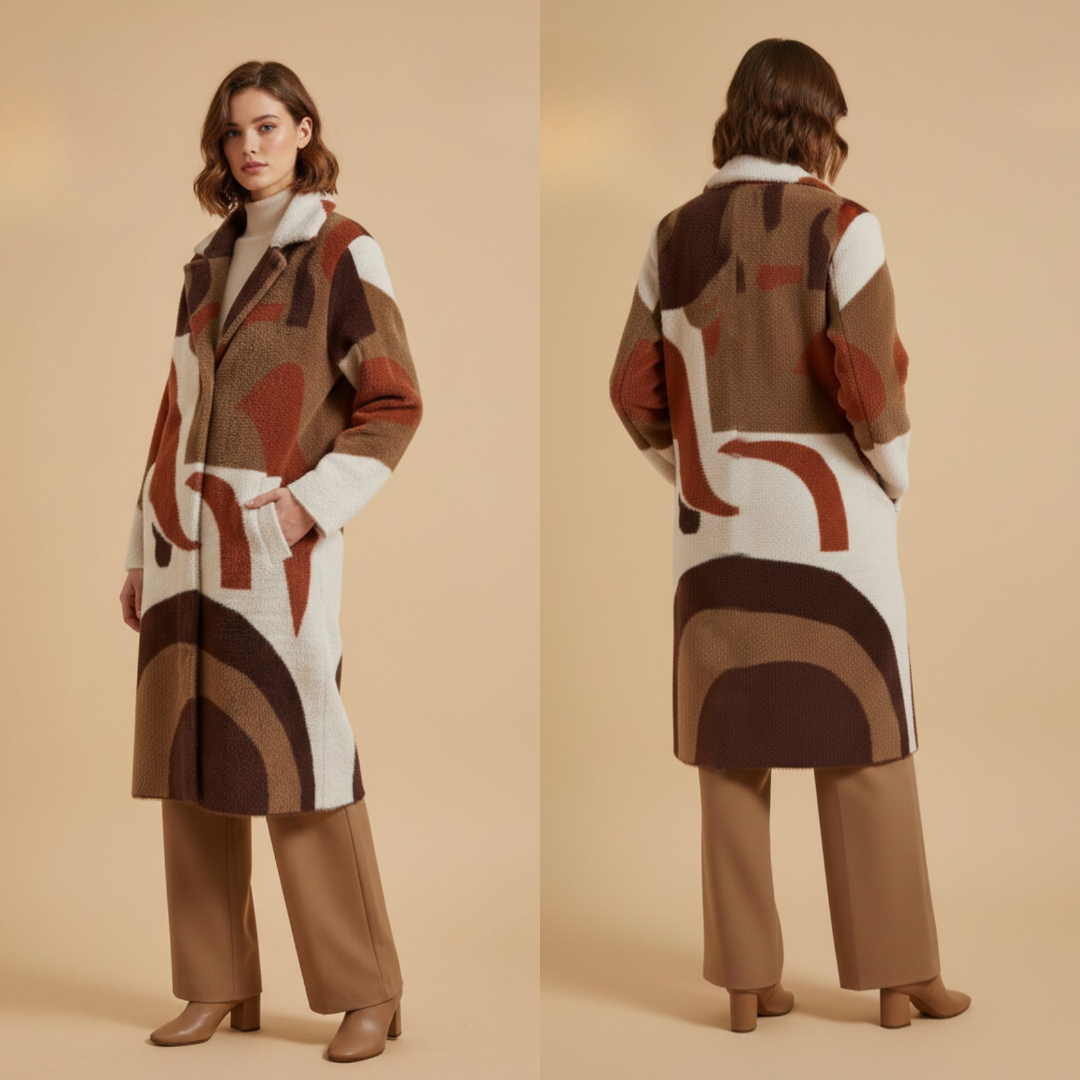 Women's Brown & Beige Abstract Pattern Long Coat