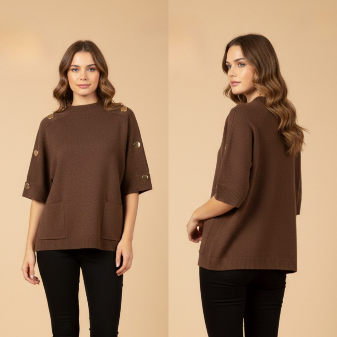Women's Brown Oversized Sweater with Button-Detail Sleeves