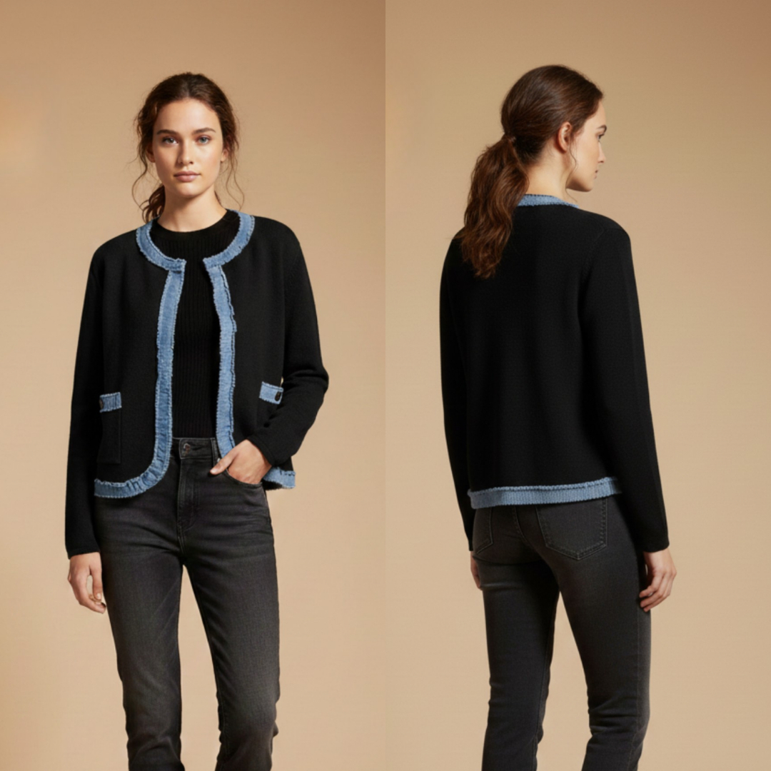 Women's Black Knit Cardigan with Blue Trim