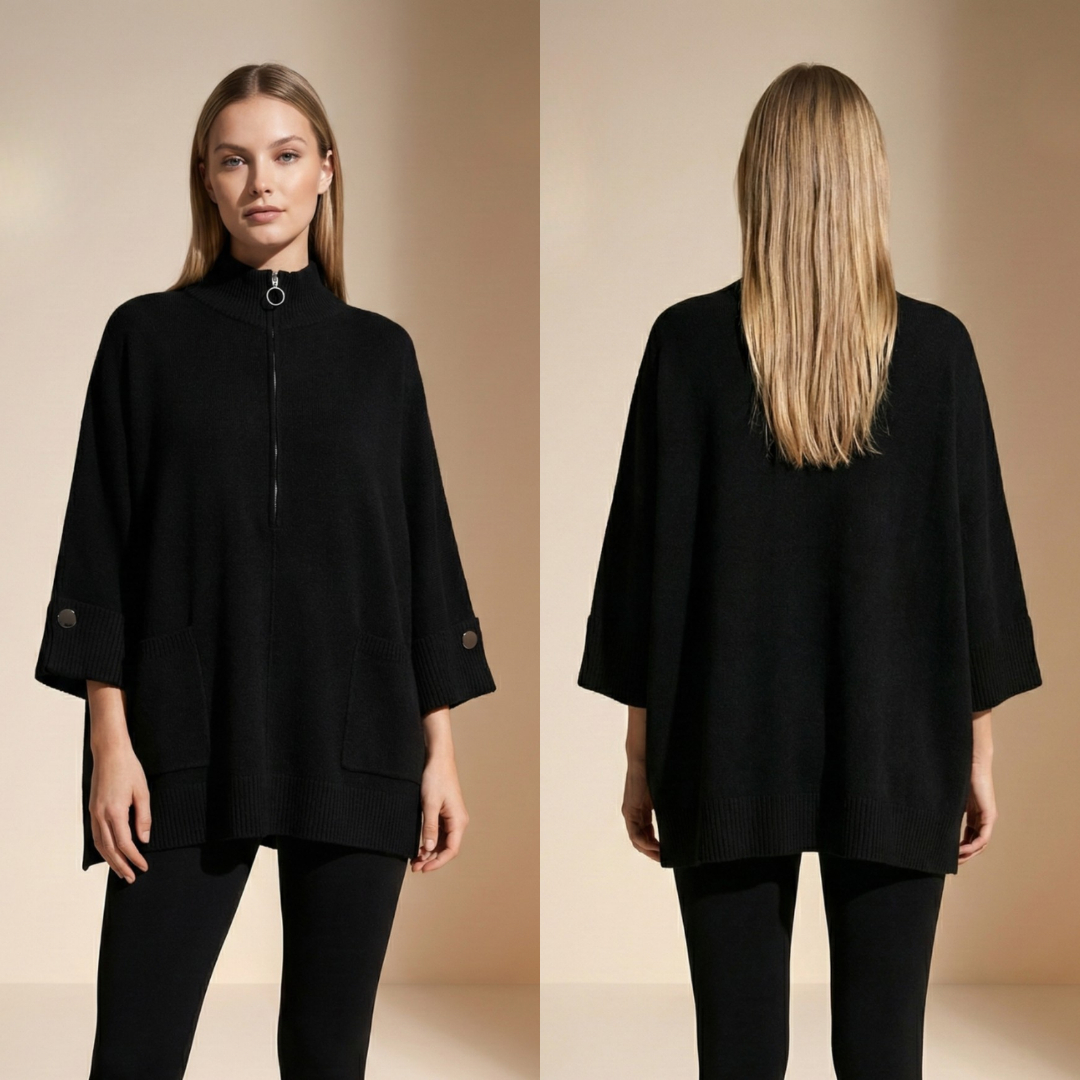 Women's Black Zip-Up Sweater Poncho