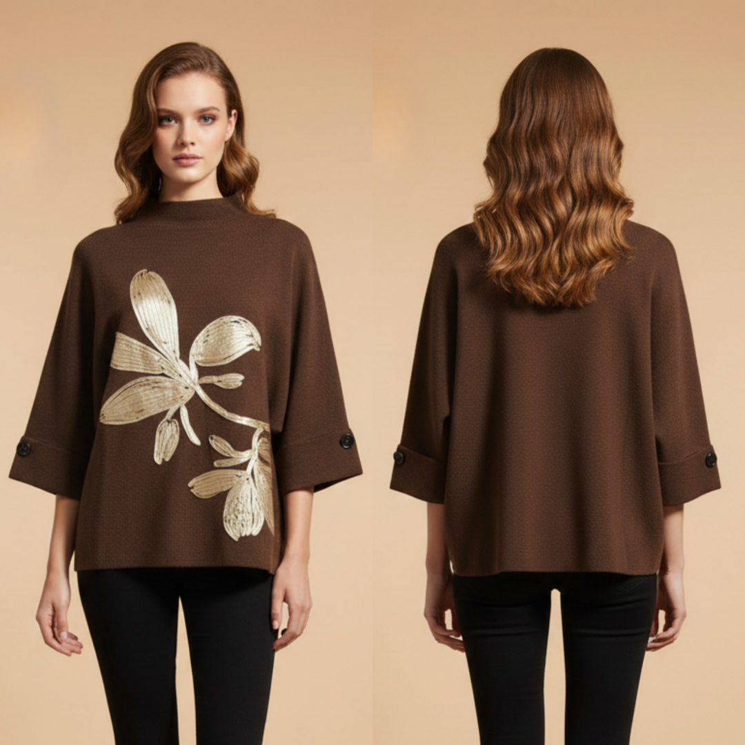 Women's Brown Floral Embroidered Sweater
