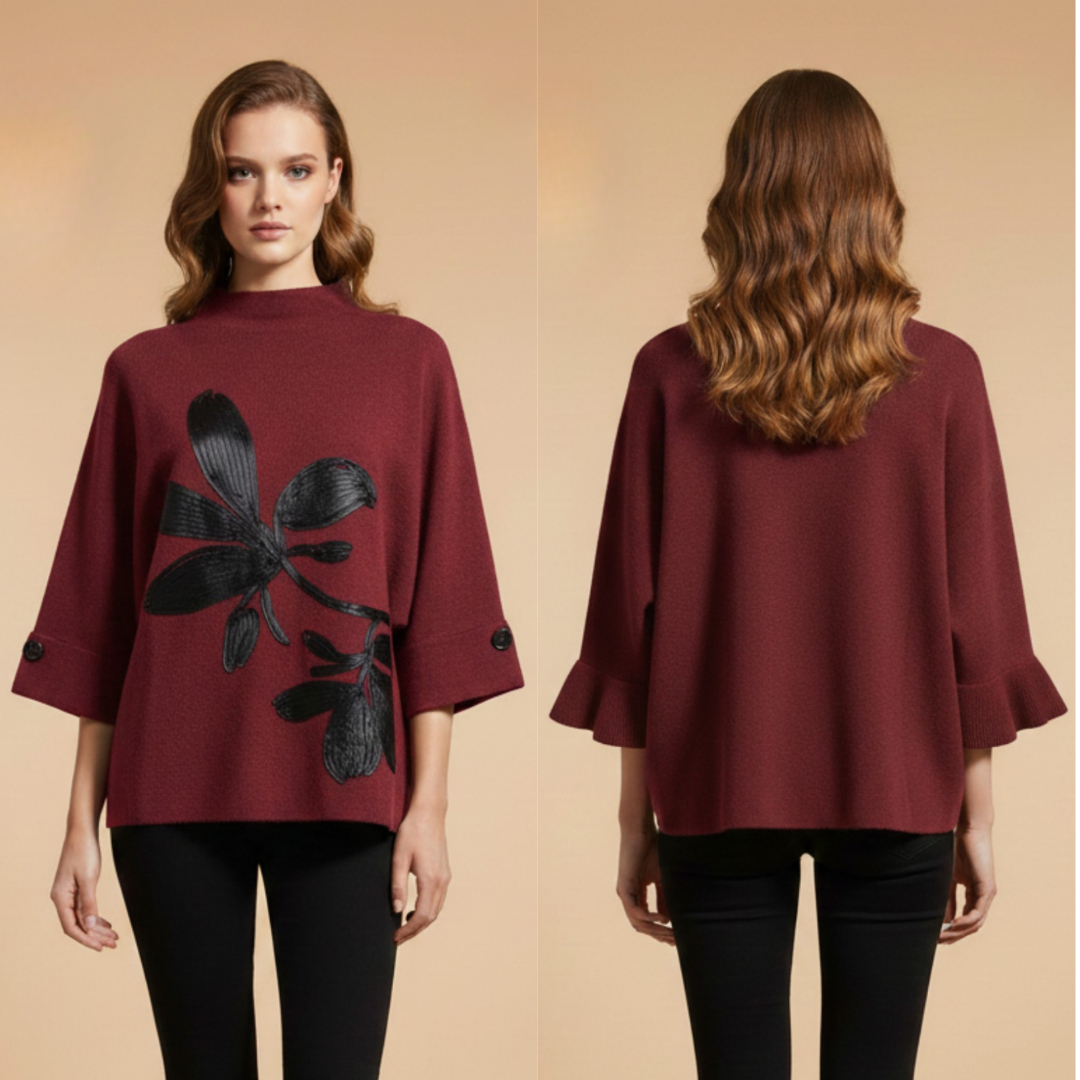 Women's Burgundy Floral Embellished Sweater