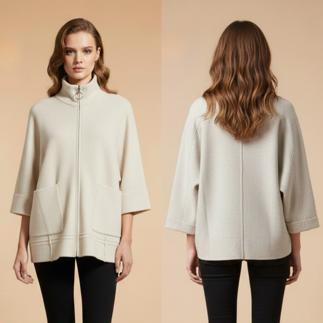 Women's Ivory Zip-Up Sweater Jacket with Pockets