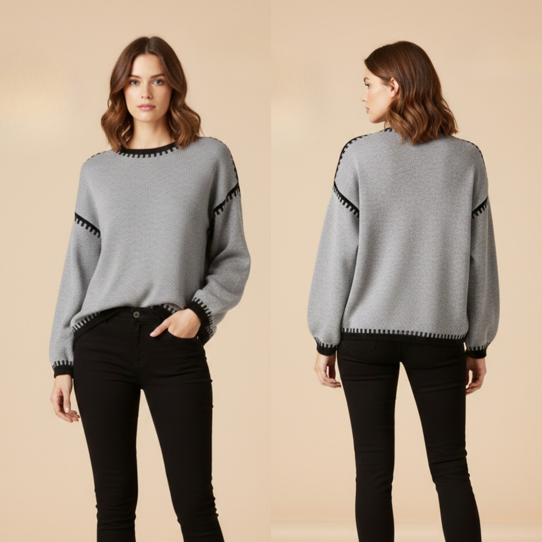 Women's Grey Contrast-Trim Knit Sweater