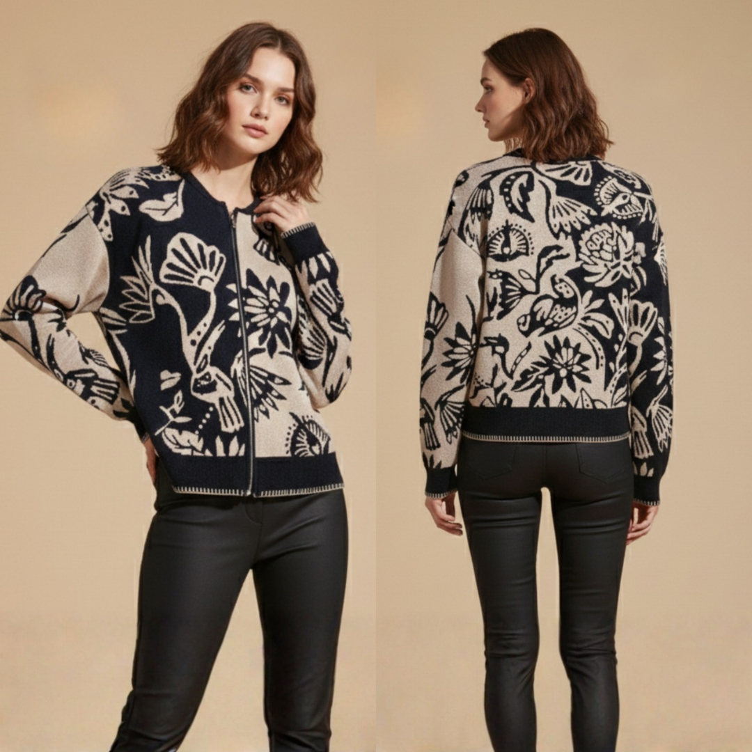 Women's Black and Beige Floral Pattern Knit Cardigan