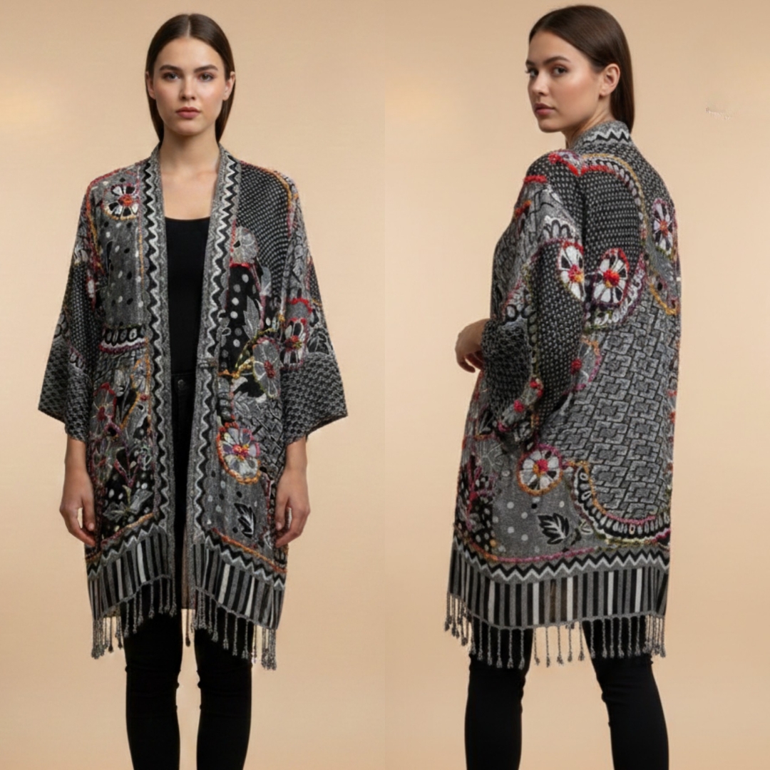 Women's Black Multicolor Paisley Print Kimono Shrug
