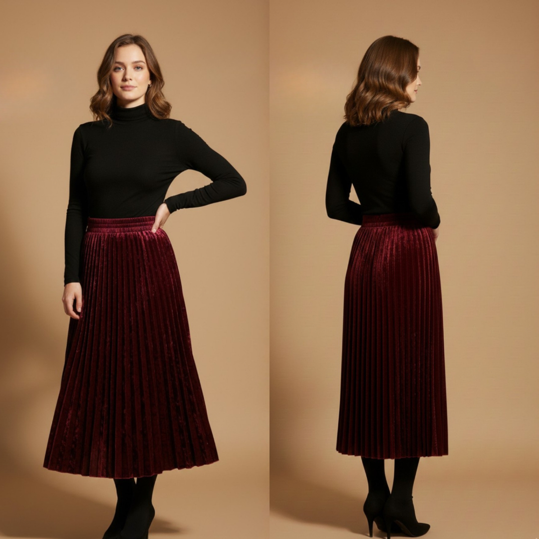 Women's Burgundy Pleated Midi Skirt