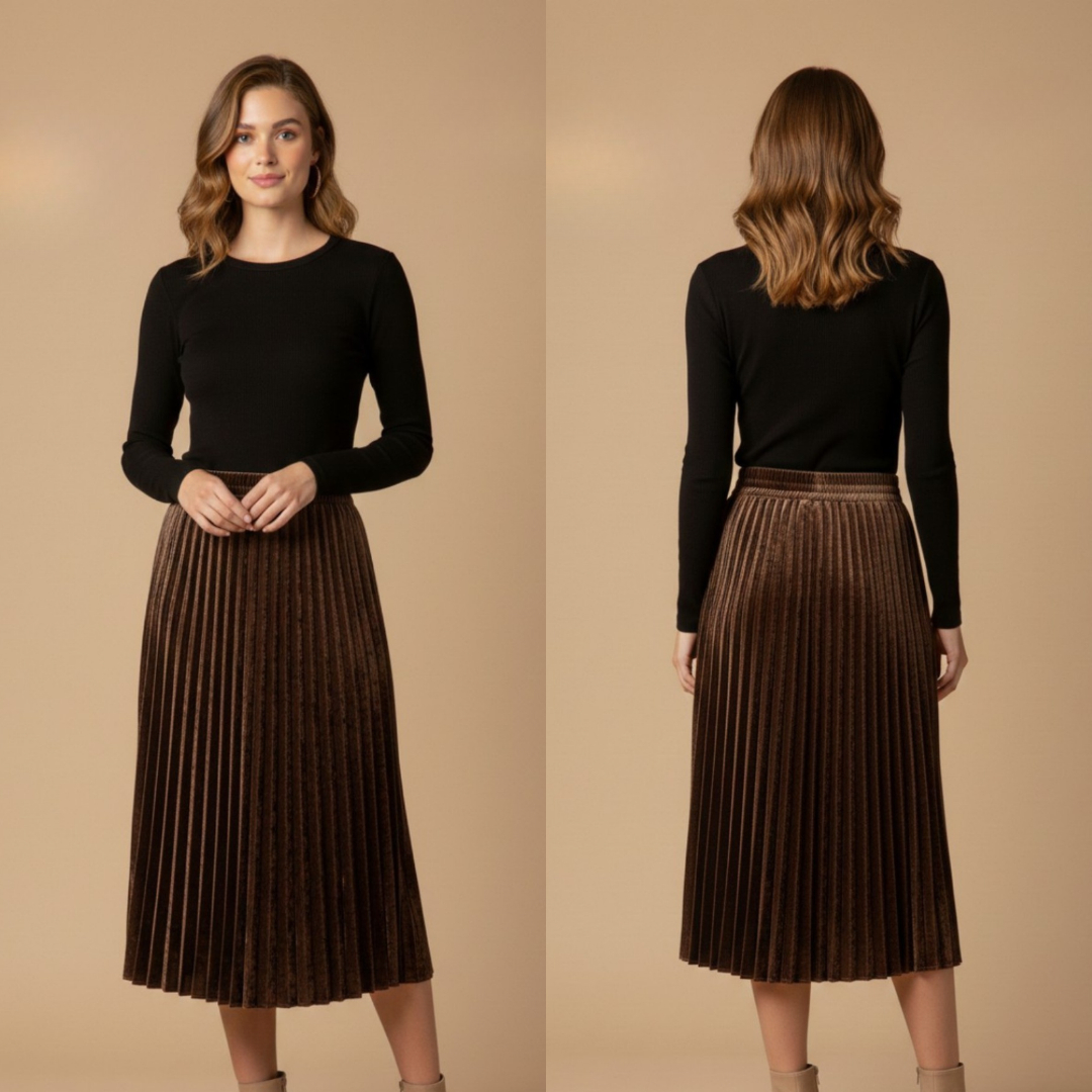 Women's Dark Brown Pleated Midi Skirt