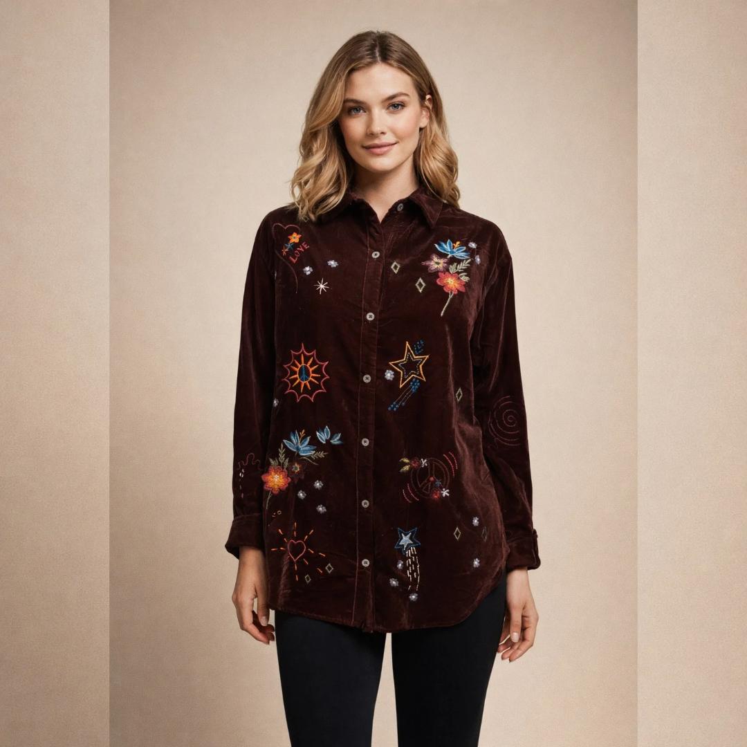 Women's Burgundy Embroidered Button-Down Shirt
